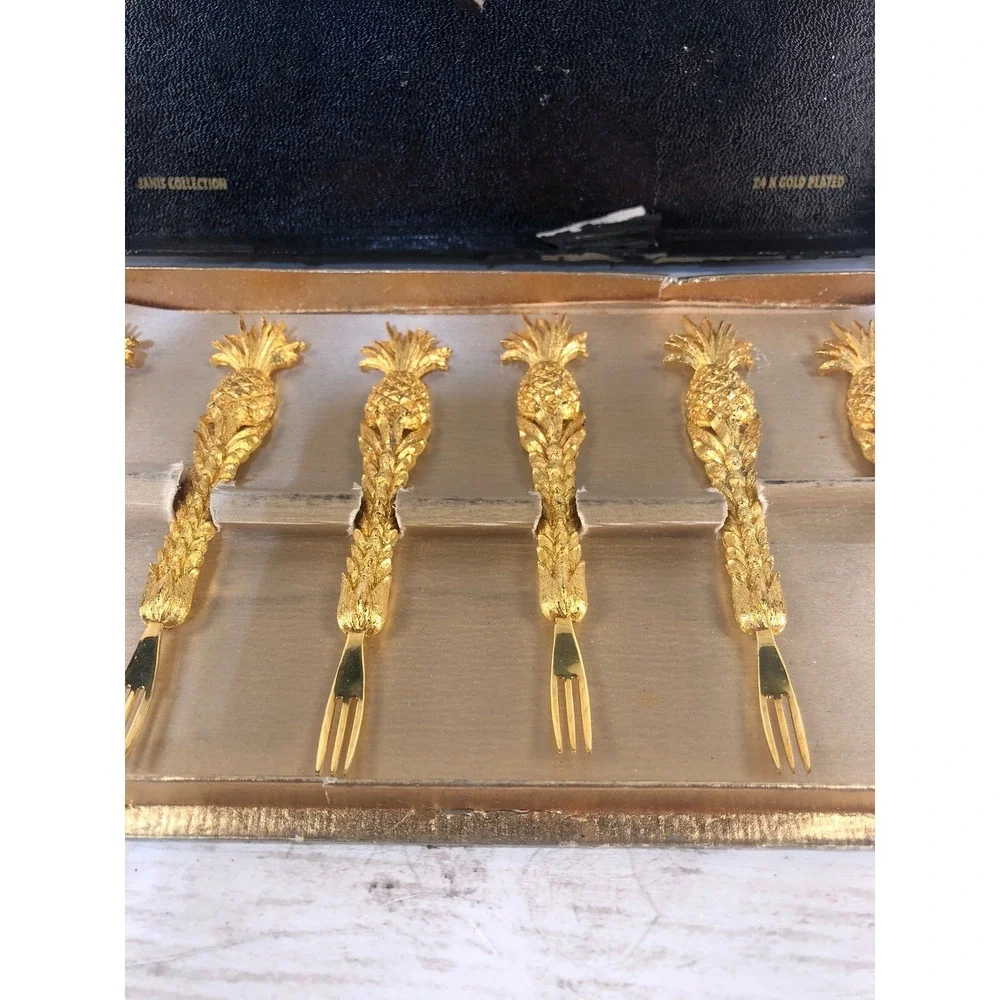 Janis Collection 24K Gold Plated Pineapple Appetizer Fork Set of 6 Vintage Boxed